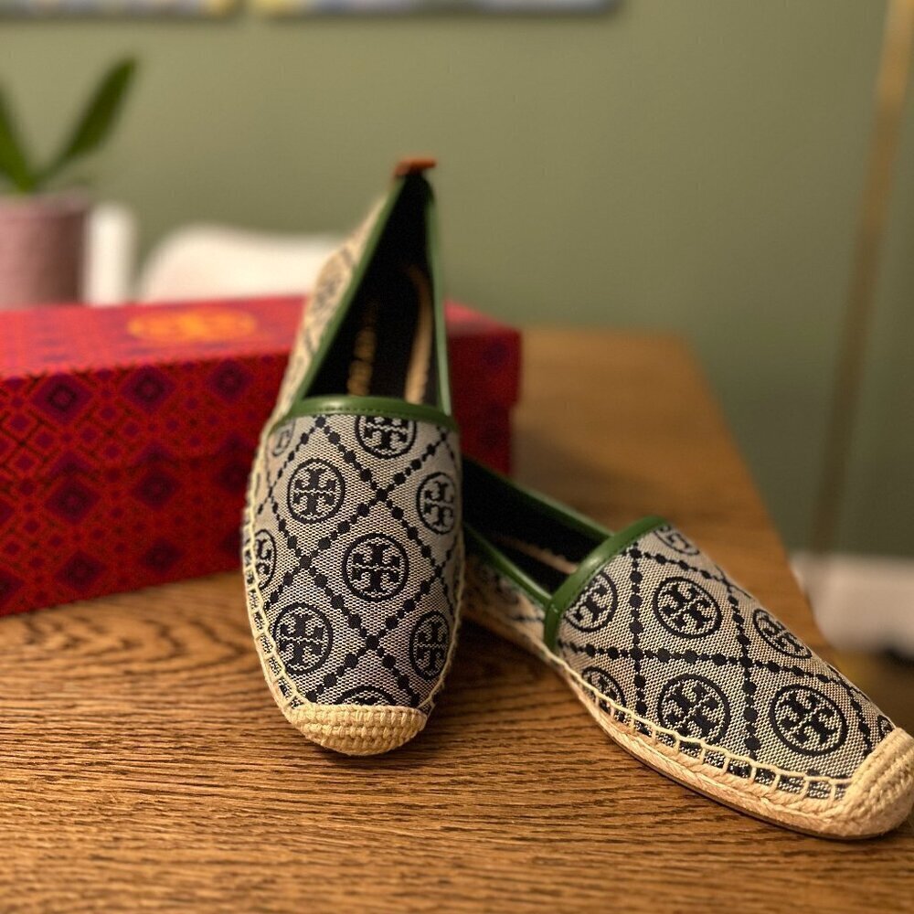 NEW!NWT! Tory Burch T Monogram Jacquard Espadrilles Women Navy Nappa Leather US6
